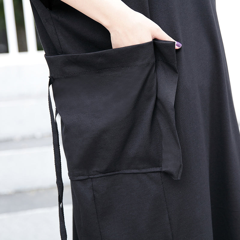 Black Cotton Dress Clothing Big Pockets Cotton Gown Side Open Kaftans
