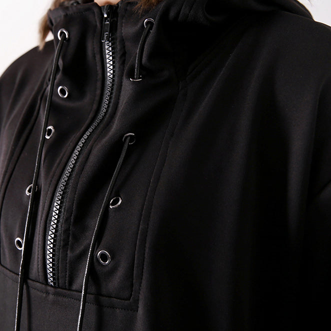 Black Fall Oversized Traveling Clothing Drawstring Hooded Patchwork Dresses