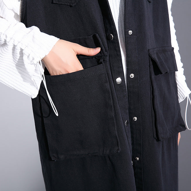 Black Pure Cotton Blouse Turn-down Collar Pockets Traveling Blouse Sleeveless Zippered Cotton Tops