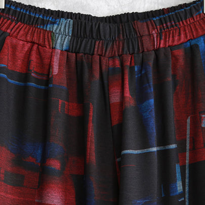 Black Red Print Pure Cotton Blended Two Picese New Long Sleeve Asymmetrical Design O Neck and Baggy Pants