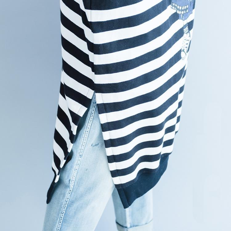 Black White Striped Cotton Dresses Cotton Clothing Dress Side Open Striped Clothing Dress