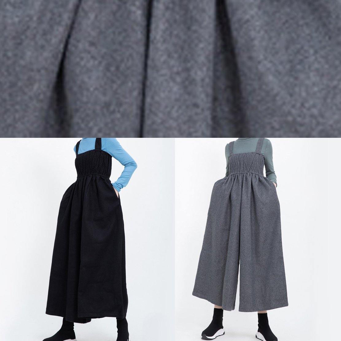 Black Cinched Wool Blended Pants Loose Jumpsuit Pants