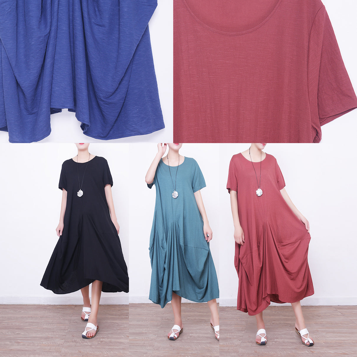 Blue Linen Maxi Dress Oversize O Neck Linen Maxi Dress Asymmetric Kaftans