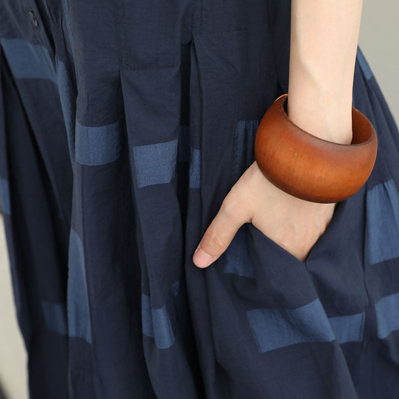 Blue Natural Cotton Dress Loose Fitting Stand Collar Caftans Boutique Big Hem Shirt Maxi Dresses