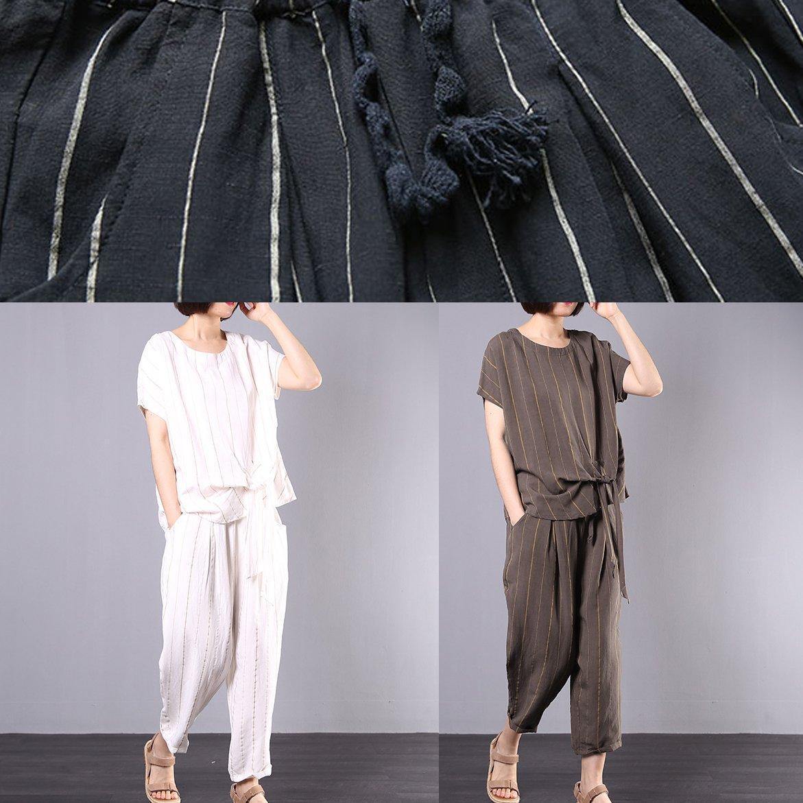 Cotton Linen Black Striped Two Pieces Short Sleeve Blouse and Drawstring Elastic Waist Pants