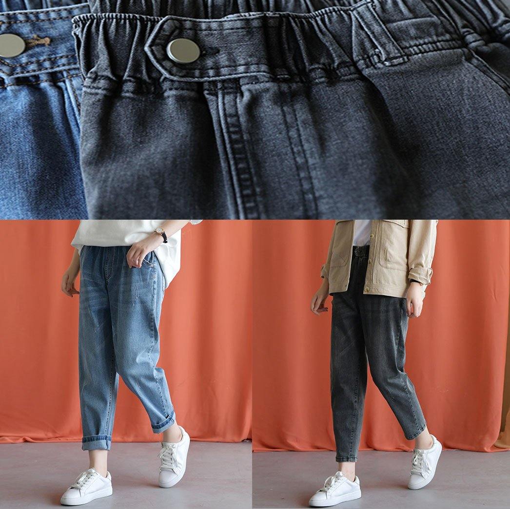 New Fall Black Gray Cotton Loose Pants Elastic Waist Jeans