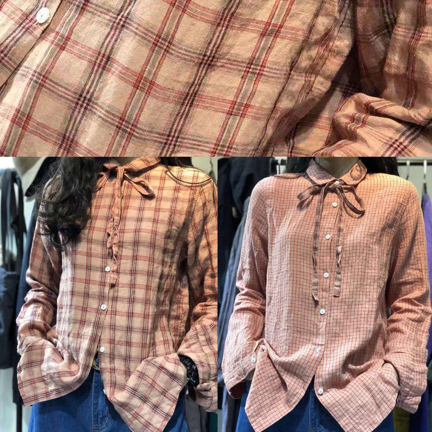 women new turn-down collar Big Plaid retro linen blended tops