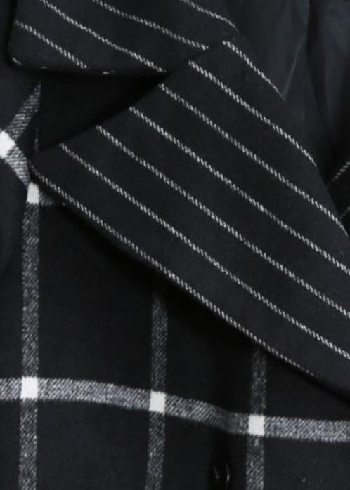 Long Coats Woolen Outwear Black Plaid Notched Tie Waist Woolen Overcoat