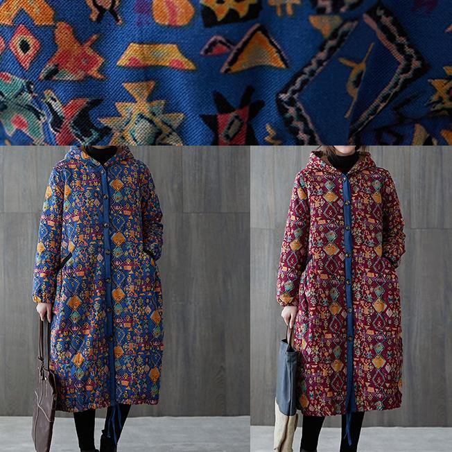 Warm Winter Coat Winter Coats Burgundy Print Hooded Pockets Coat