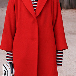 Red Winter Coat Notched Wool Coat Pockets Tie Waist Wool Jackets
