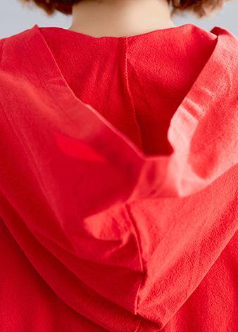 Red Overcoat Hooded Coats Pockets Chinese Button Coats