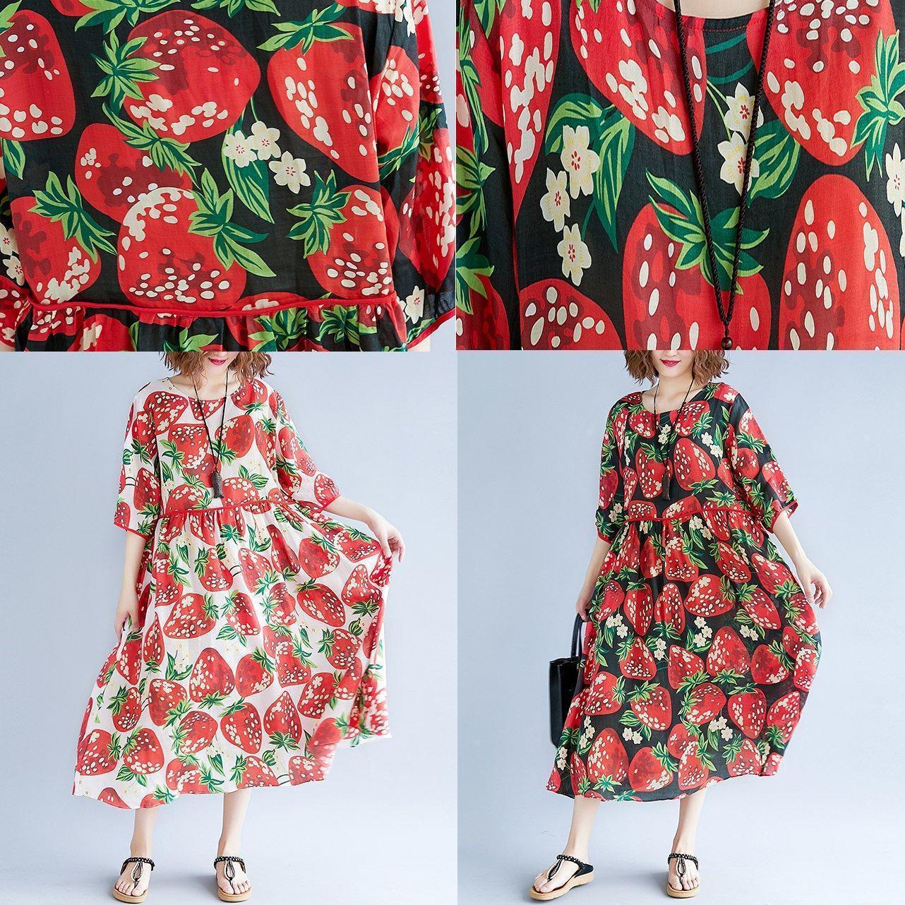 Red Print Natural Chiffon Dress Oversized Dress Boutique Short Sleeve O Neck Extra Large Hem Midi Dress
