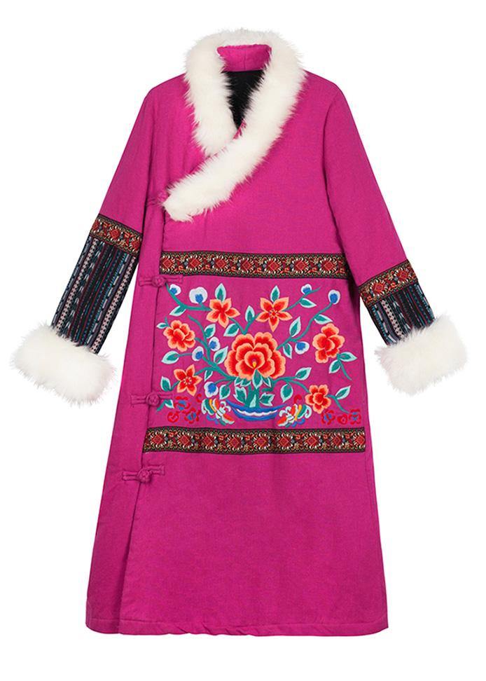 Red Winter Outwear Loose Fitting Snow Jackets Embroidery Faux Fur Collar Winter Outwear