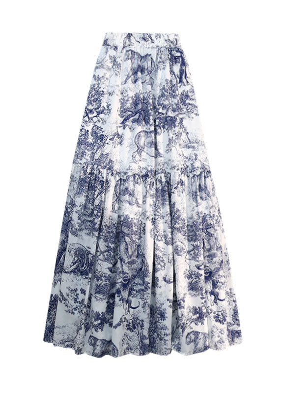 Season New Elastic Waist Retro Blue Print Ruffled Big Swing Skirt