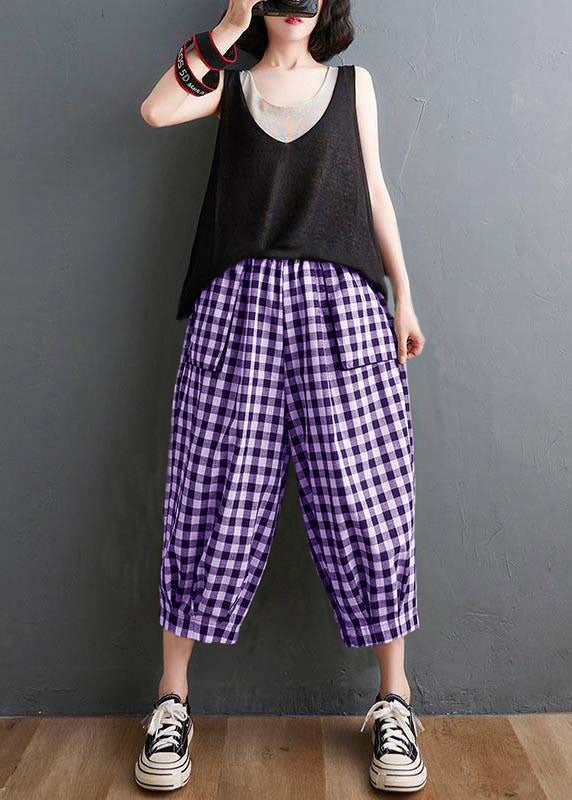 Plaid Elastic Waist Harem Pants Summer Cotton Linen