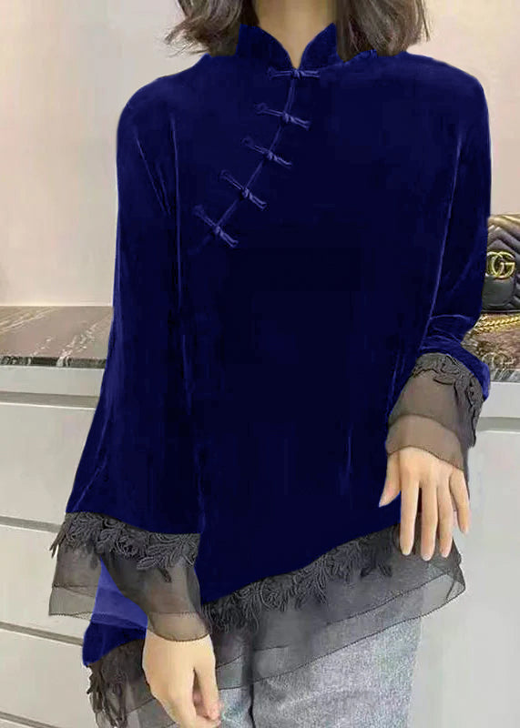 Black Stand Collar Asymmetrical Patchwork Velour Shirt Fall