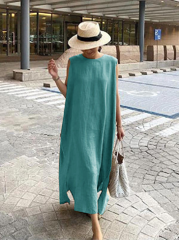 O Neck Side Open Linen Cotton Clothes Fabrics White Flowers Dress
