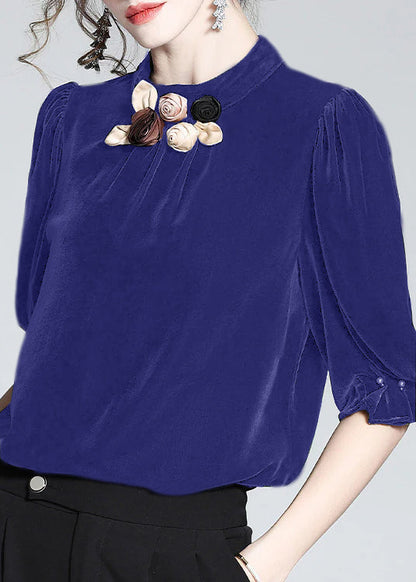 Yellow Stand Collar Silk Velour Top Short Sleeve