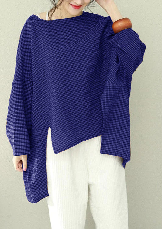 Asymmetric Cotton Fine Work Black Plaid Oversized Tops