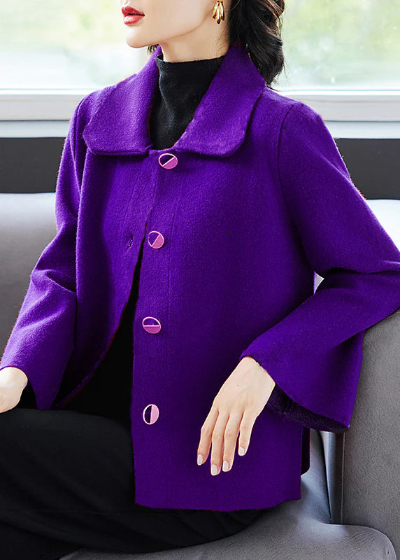 Classy Purple Peter Pan Collar Pockets Woolen Coat Fall