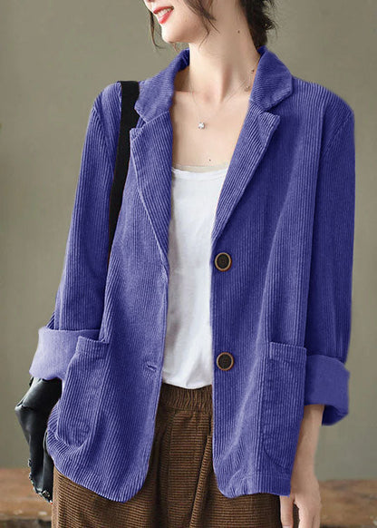 Loose Blue Button Pockets Peter Pan Collar Corduroy Coat Long Sleeve