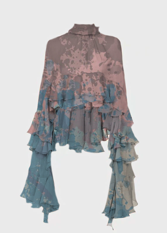 Stand Collar Ruffled Patchwork Chiffon Shirt Long Sleeve