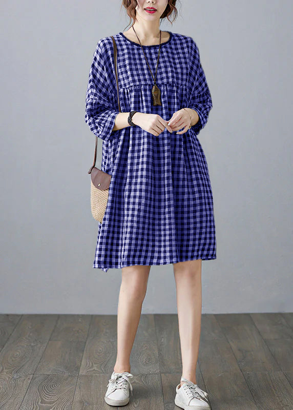 O-neck Wrinkled Pocket Purple Linen Loose Dresses Half Sleeve