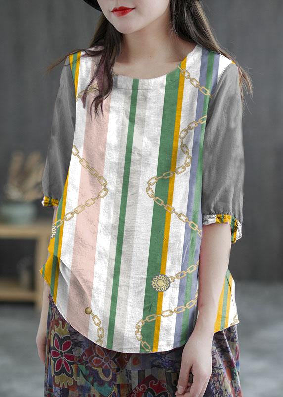 Pink Embroideried O-neck Half Sleeve Ramie Blouses Summer