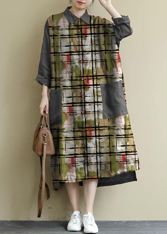 Green Plaid Linen Shirt Dress Oversize Spring Maxi Dresses