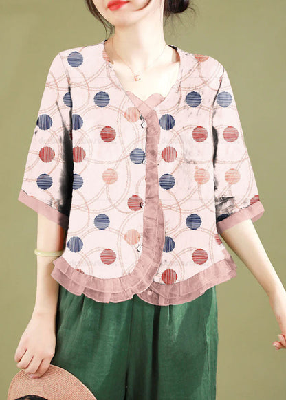 Burgundy Geometry Ruffled Button Patchwork Linen Blouse Top Summer