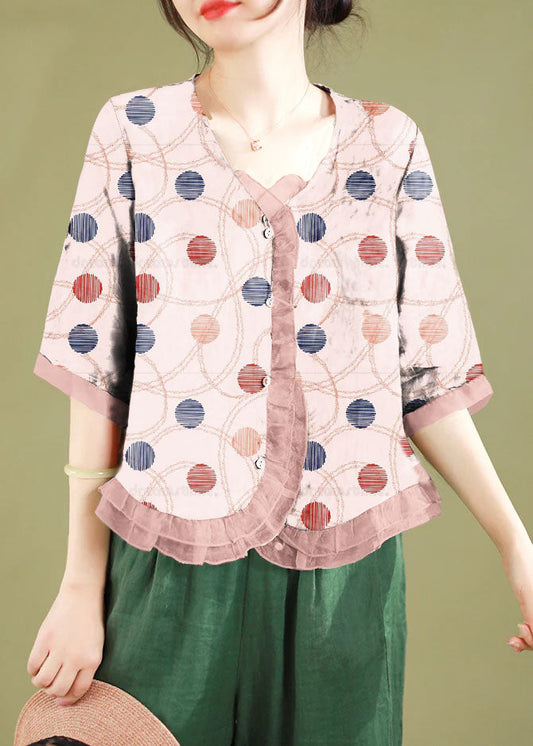 Pink Polka Dots Ruffled Button Patchwork Linen Blouse Top Summer