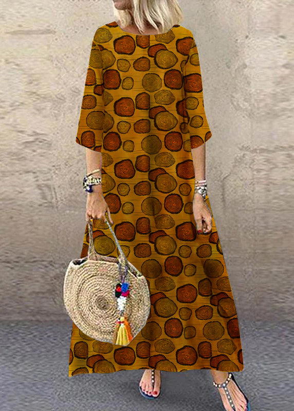 Khaki O-neck Plaid Maxi Dresses Half Sleeve