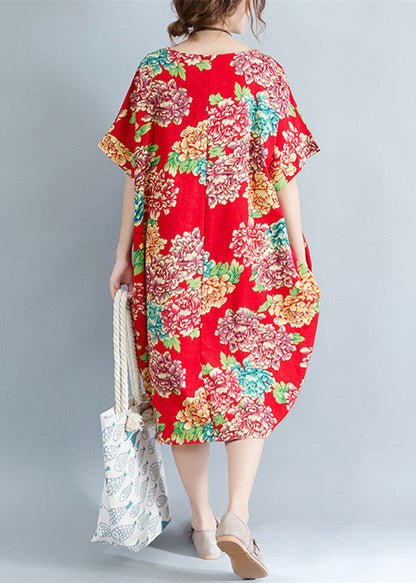 Boutique Red Midi-length Linen Dress Linen Clothing Dresses O Neck Short Sleeve Linen Cotton Dress