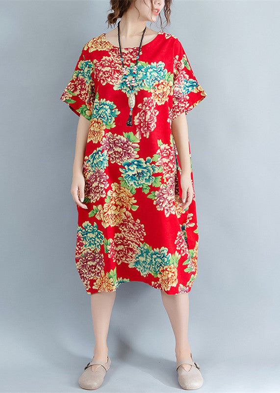 Boutique Red Midi-length Linen Dress Linen Clothing Dresses O Neck Short Sleeve Linen Cotton Dress