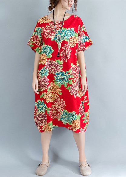 Boutique Red Midi-length Linen Dress Linen Clothing Dresses O Neck Short Sleeve Linen Cotton Dress