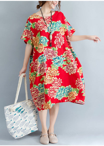 Boutique Red Midi-length Linen Dress Linen Clothing Dresses O Neck Short Sleeve Linen Cotton Dress