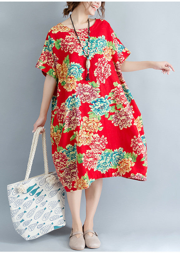 Boutique Red Midi-length Linen Dress Linen Clothing Dresses O Neck Short Sleeve Linen Cotton Dress
