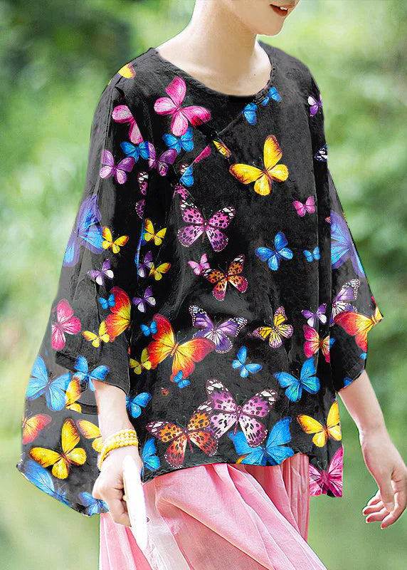 Natural Red Texture O Neck Print Chinese Button Linen Shirt Summer