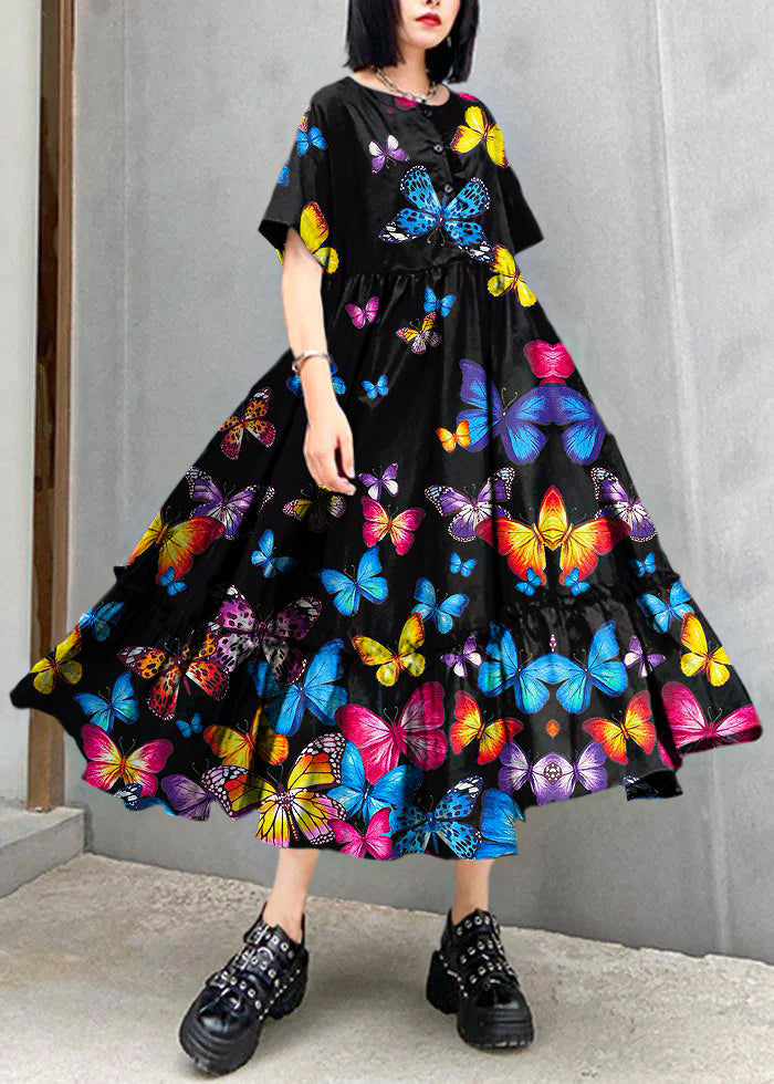 Classy Black Butterfly Dots Cotton Clothes O Neck Cinched Cotton Robes Summer Dresses