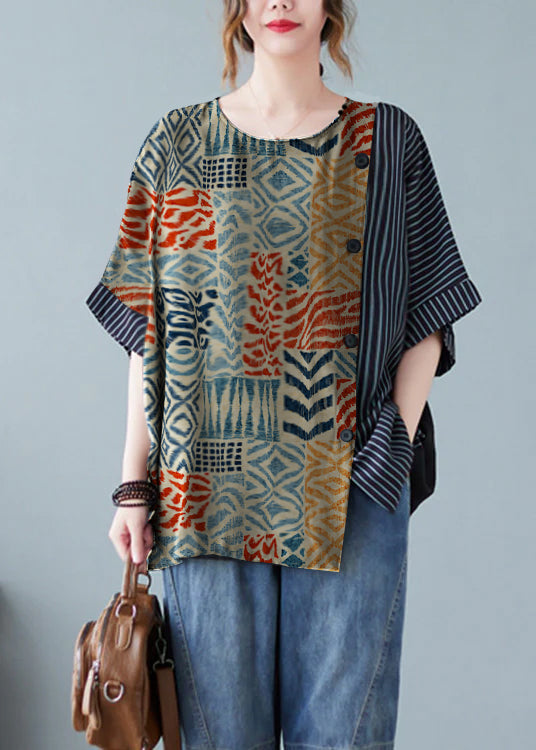 Novelty Geometric Patterns O-neck Striped Patchwork Button Cotton T Shirts Half Sleeve