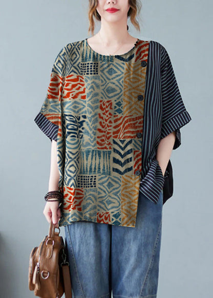 Novelty Geometric Patterns O-neck Striped Patchwork Button Cotton T Shirts Half Sleeve