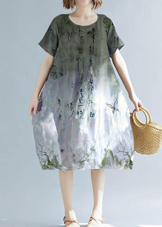 Simple White Print Cotton Linen Tunics Wild Daily Summer Dress