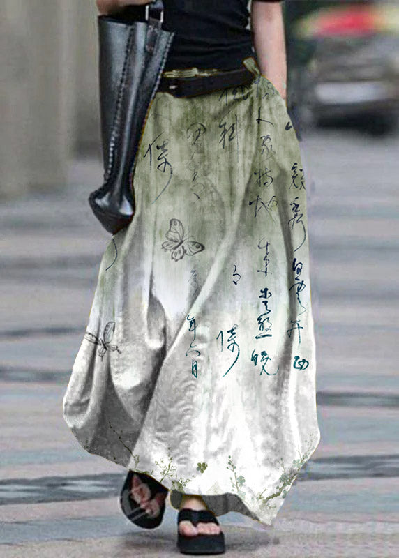 Cotton High Elastic Waist Side Pocket Zipper Green Text Skirts