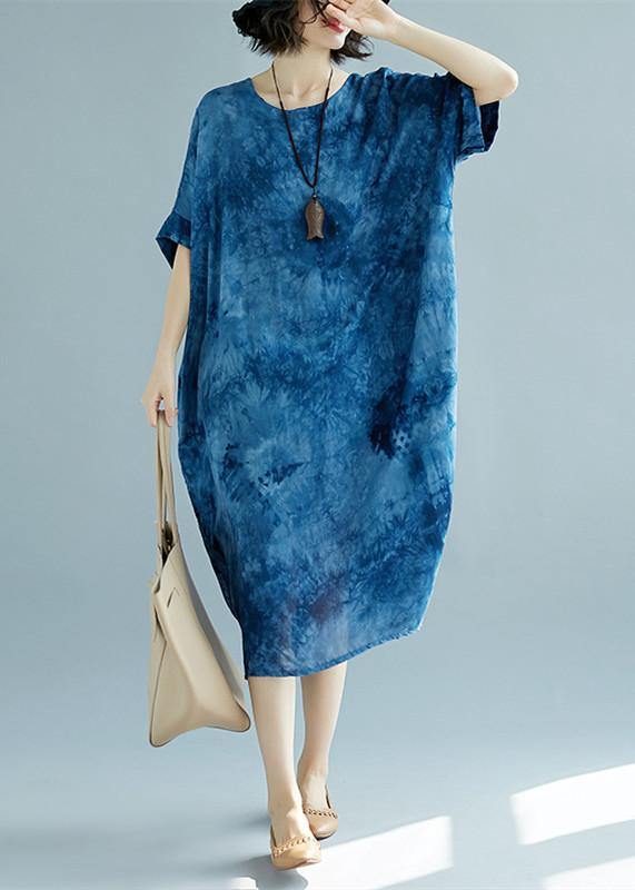 Blue Long Linen Dress O Neck Linen Clothing Dresses Short Sleeve Baggy Dresses Linen Caftans