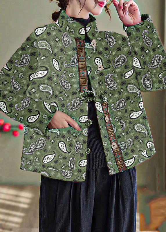 Green-cashew Print Pockets Cotton Filled Parka Winter
