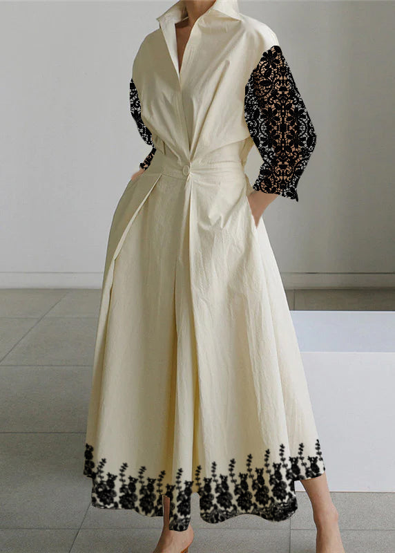 Apricot Flowers Peter Pan Collar Pockets Cotton Dress Long Sleeve