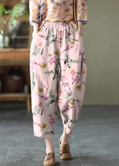 Natural White Polka Dots Elastic Waist Summer Linen Harem Pants