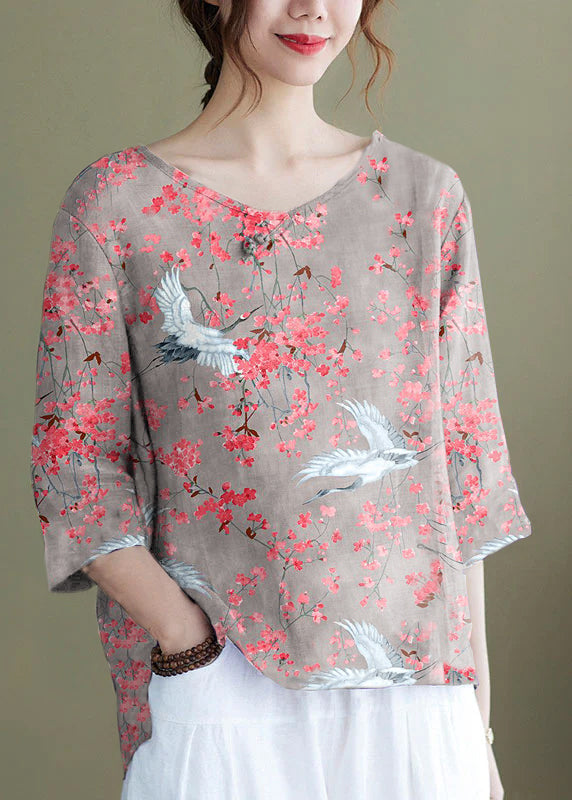 Diy Pink Crane Embroidered Side Open Half Sleeve Top