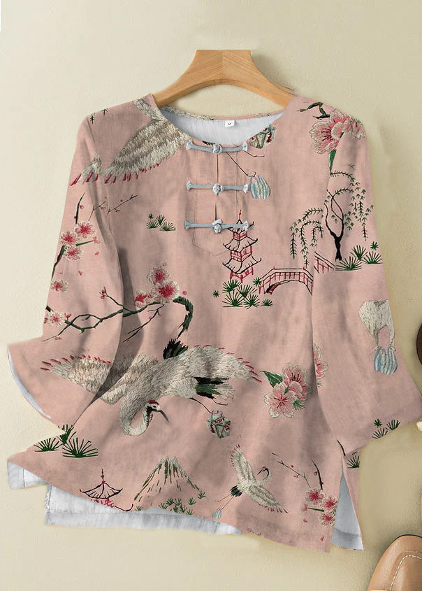 Grace Style Yellow Text O-neck Print Oriental Button Side Open Linen Shirt Top Bracelet Sleeve