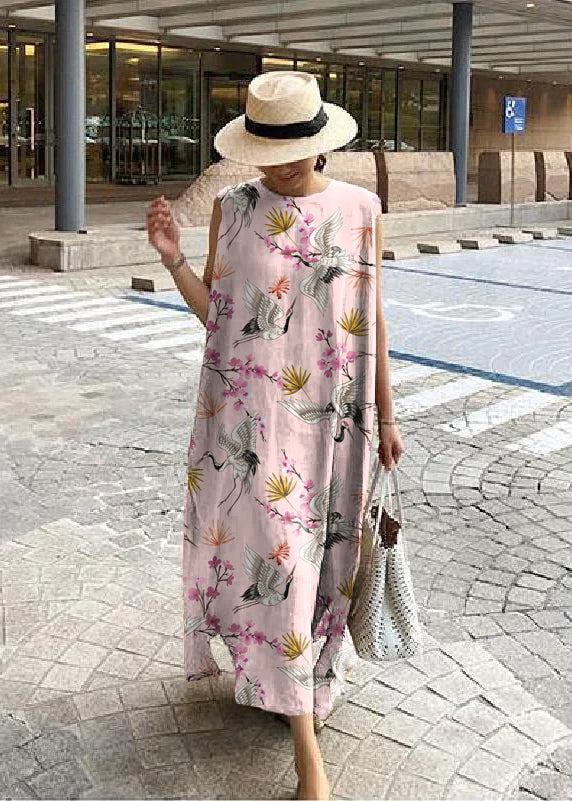 O Neck Side Open Linen Cotton Clothes Fabrics White Flowers Dress